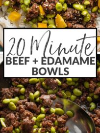 These Ground Beef Bowls with edamame, bell pepper, and rice are one of my favorite dinners that can be made in about 20 minutes yet is totally filling and delicious. Better yet, you can keep most of the ingredients stocked in the freezer or pantry for an ultra-fast emergency dinner anytime that you need.
