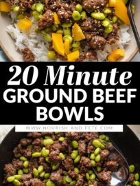 These Ground Beef Bowls with edamame, bell pepper, and rice are one of my favorite dinners that can be made in about 20 minutes yet is totally filling and delicious. Better yet, you can keep most of the ingredients stocked in the freezer or pantry for an ultra-fast emergency dinner anytime that you need.