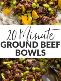 These Ground Beef Bowls with edamame, bell pepper, and rice are one of my favorite dinners that can be made in about 20 minutes yet is totally filling and delicious. Better yet, you can keep most of the ingredients stocked in the freezer or pantry for an ultra-fast emergency dinner anytime that you need.