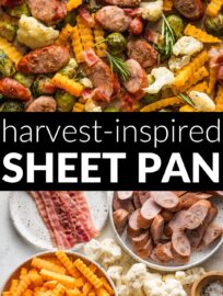 This Harvest Sheet Pan Dinner is packed with apple chicken sausage, Brussels sprouts, butternut squash, and cauliflower, all tossed in rosemary and sage and roasted together for a savory dinner with minimal effort. Finish with fresh herbs and Parmesan for an easy, satisfying fall meal in 30 minutes.