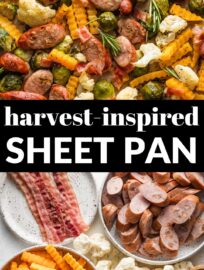 This Harvest Sheet Pan Dinner is packed with apple chicken sausage, Brussels sprouts, butternut squash, and cauliflower, all tossed in rosemary and sage and roasted together for a savory dinner with minimal effort. Finish with fresh herbs and Parmesan for an easy, satisfying fall meal in 30 minutes.