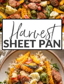 This Harvest Sheet Pan Dinner is packed with apple chicken sausage, Brussels sprouts, butternut squash, and cauliflower, all tossed in rosemary and sage and roasted together for a savory dinner with minimal effort. Finish with fresh herbs and Parmesan for an easy, satisfying fall meal in 30 minutes.