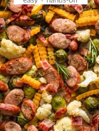 This Harvest Sheet Pan Dinner is packed with apple chicken sausage, Brussels sprouts, butternut squash, and cauliflower, all tossed in rosemary and sage and roasted together for a savory dinner with minimal effort. Finish with fresh herbs and Parmesan for an easy, satisfying fall meal in 30 minutes.