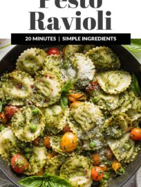 Pesto Ravioli is so quick and easy to make, yet incredibly vibrant and full of flavor thanks to burst cherry tomatoes, tender peas, and plenty of Parmesan grated on top. Toss this together in about 20 minutes and call dinner a win.