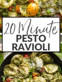 Pesto Ravioli is so quick and easy to make, yet incredibly vibrant and full of flavor thanks to burst cherry tomatoes, tender peas, and plenty of Parmesan grated on top. Toss this together in about 20 minutes and call dinner a win.