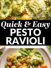 Pesto Ravioli is so quick and easy to make, yet incredibly vibrant and full of flavor thanks to burst cherry tomatoes, tender peas, and plenty of Parmesan grated on top. Toss this together in about 20 minutes and call dinner a win.