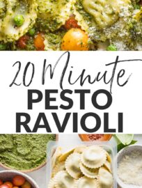 Pesto Ravioli is so quick and easy to make, yet incredibly vibrant and full of flavor thanks to burst cherry tomatoes, tender peas, and plenty of Parmesan grated on top. Toss this together in about 20 minutes and call dinner a win.