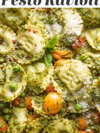 Pesto Ravioli is so quick and easy to make, yet incredibly vibrant and full of flavor thanks to burst cherry tomatoes, tender peas, and plenty of Parmesan grated on top. Toss this together in about 20 minutes and call dinner a win.