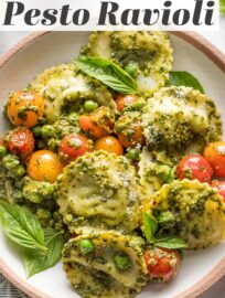 Pesto Ravioli is so quick and easy to make, yet incredibly vibrant and full of flavor thanks to burst cherry tomatoes, tender peas, and plenty of Parmesan grated on top. Toss this together in about 20 minutes and call dinner a win.