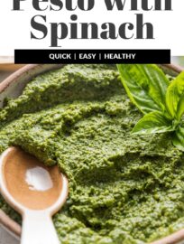This easy Spinach Pesto tastes just like its traditional basil cousin but is more economical and nutrient-dense! It's got simple ingredients and comes together in about 5 minutes. Use it with pasta, pizza, or anywhere you would use pesto.