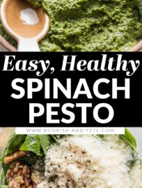 This easy Spinach Pesto tastes just like its traditional basil cousin but is more economical and nutrient-dense! It's got simple ingredients and comes together in about 5 minutes. Use it with pasta, pizza, or anywhere you would use pesto.
