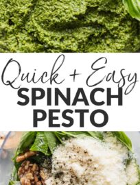 This easy Spinach Pesto tastes just like its traditional basil cousin but is more economical and nutrient-dense! It's got simple ingredients and comes together in about 5 minutes. Use it with pasta, pizza, or anywhere you would use pesto.