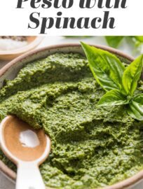 This easy Spinach Pesto tastes just like its traditional basil cousin but is more economical and nutrient-dense! It's got simple ingredients and comes together in about 5 minutes. Use it with pasta, pizza, or anywhere you would use pesto.