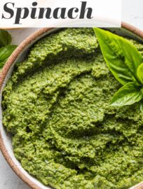 This easy Spinach Pesto tastes just like its traditional basil cousin but is more economical and nutrient-dense! It's got simple ingredients and comes together in about 5 minutes. Use it with pasta, pizza, or anywhere you would use pesto.