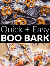 Whip up a batch of super quick and easy Boo Bark for a near-instant Halloween treat. No prep or baking required and serves a crowd or divides easily for small treat bags!