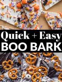Whip up a batch of super quick and easy Boo Bark for a near-instant Halloween treat. No prep or baking required and serves a crowd or divides easily for small treat bags!