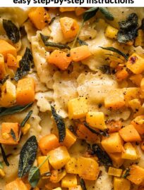 This Brown Butter Ravioli sauce is rounded out with fresh sage, roasted butternut squash, and plenty of fresh Parmesan and cracked pepper. It adds up to a satisfying dish that feels elevated but can come together in just about 30 minutes.