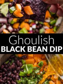 Fun, easy, light, and tasty: this Ghoulish Black Bean Dip hits all the notes for lighter fare at your Halloween gathering. It's got real ingredients, is simple but seasonal, and pairs well with blue corn tortilla chips.