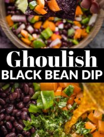 Fun, easy, light, and tasty: this Ghoulish Black Bean Dip hits all the notes for lighter fare at your Halloween gathering. It's got real ingredients, is simple but seasonal, and pairs well with blue corn tortilla chips.