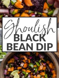 Fun, easy, light, and tasty: this Ghoulish Black Bean Dip hits all the notes for lighter fare at your Halloween gathering. It's got real ingredients, is simple but seasonal, and pairs well with blue corn tortilla chips.