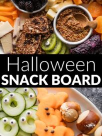 Assemble this cute Halloween-inspired fruit and cheese board with a variety of snacks and a few simple accessories. Share it as an appetizer at the neighborhood party or use it as an easy grazing dinner before the kids scoot off to trick or treat!