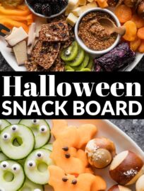 Assemble this cute Halloween-inspired fruit and cheese board with a variety of snacks and a few simple accessories. Share it as an appetizer at the neighborhood party or use it as an easy grazing dinner before the kids scoot off to trick or treat!
