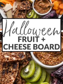 Assemble this cute Halloween-inspired fruit and cheese board with a variety of snacks and a few simple accessories. Share it as an appetizer at the neighborhood party or use it as an easy grazing dinner before the kids scoot off to trick or treat!