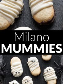 Milano Mummies are the most quick, delicious, and easy cookie glow-up, with just three ingredients! Grab your favorite Milanos, dip in white chocolate, then drizzle on "wrappings" and pop on sprinkle eyes. Voila: the simplest yet most fun no-bake Halloween treat to make with little ones or for a party.