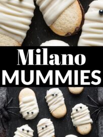 Milano Mummies are the most quick, delicious, and easy cookie glow-up, with just three ingredients! Grab your favorite Milanos, dip in white chocolate, then drizzle on "wrappings" and pop on sprinkle eyes. Voila: the simplest yet most fun no-bake Halloween treat to make with little ones or for a party.