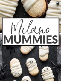 Milano Mummies are the most quick, delicious, and easy cookie glow-up, with just three ingredients! Grab your favorite Milanos, dip in white chocolate, then drizzle on "wrappings" and pop on sprinkle eyes. Voila: the simplest yet most fun no-bake Halloween treat to make with little ones or for a party.