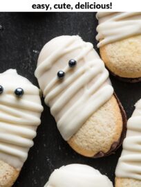 Milano Mummies are the most quick, delicious, and easy cookie glow-up, with just three ingredients! Grab your favorite Milanos, dip in white chocolate, then drizzle on "wrappings" and pop on sprinkle eyes. Voila: the simplest yet most fun no-bake Halloween treat to make with little ones or for a party.
