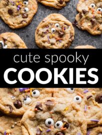 These Spooky Chocolate Chip Cookies are utterly fun and so easy to make, perfect for a festive treat that involves no fuss or special equipment. Press candy eyes and Halloween-themed sprinkles into your favorite cookie base -- ours is included in the recipe here -- and watch faces light up with smiles.