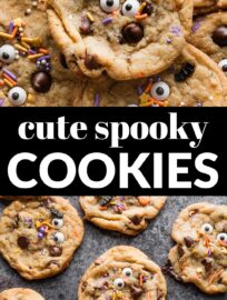These Spooky Chocolate Chip Cookies are utterly fun and so easy to make, perfect for a festive treat that involves no fuss or special equipment. Press candy eyes and Halloween-themed sprinkles into your favorite cookie base -- ours is included in the recipe here -- and watch faces light up with smiles.