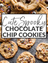 These Spooky Chocolate Chip Cookies are utterly fun and so easy to make, perfect for a festive treat that involves no fuss or special equipment. Press candy eyes and Halloween-themed sprinkles into your favorite cookie base -- ours is included in the recipe here -- and watch faces light up with smiles.