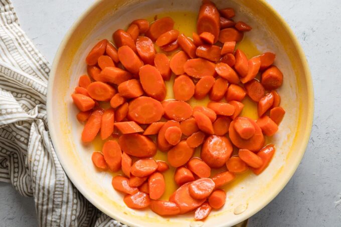 Easy glazed carrots in a skillet.
