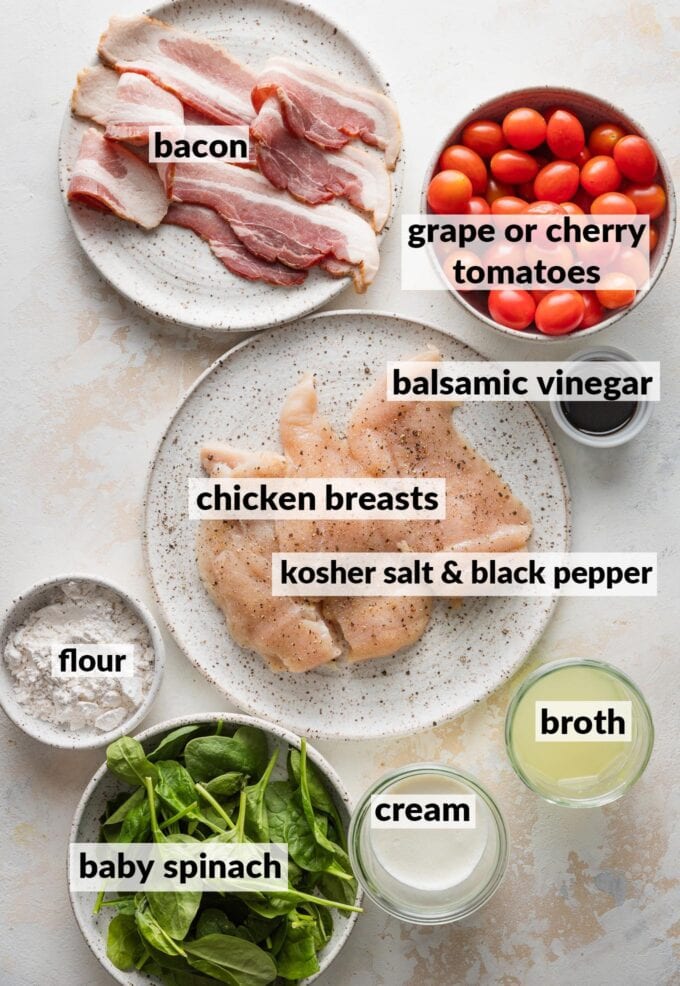 Labeled overhead photo of chicken breasts seasoned with kosher salt, black pepper, and garlic powder, cherry tomatoes, baby spinach, bacon, broth, cream, flour, and balsamic vinegar.