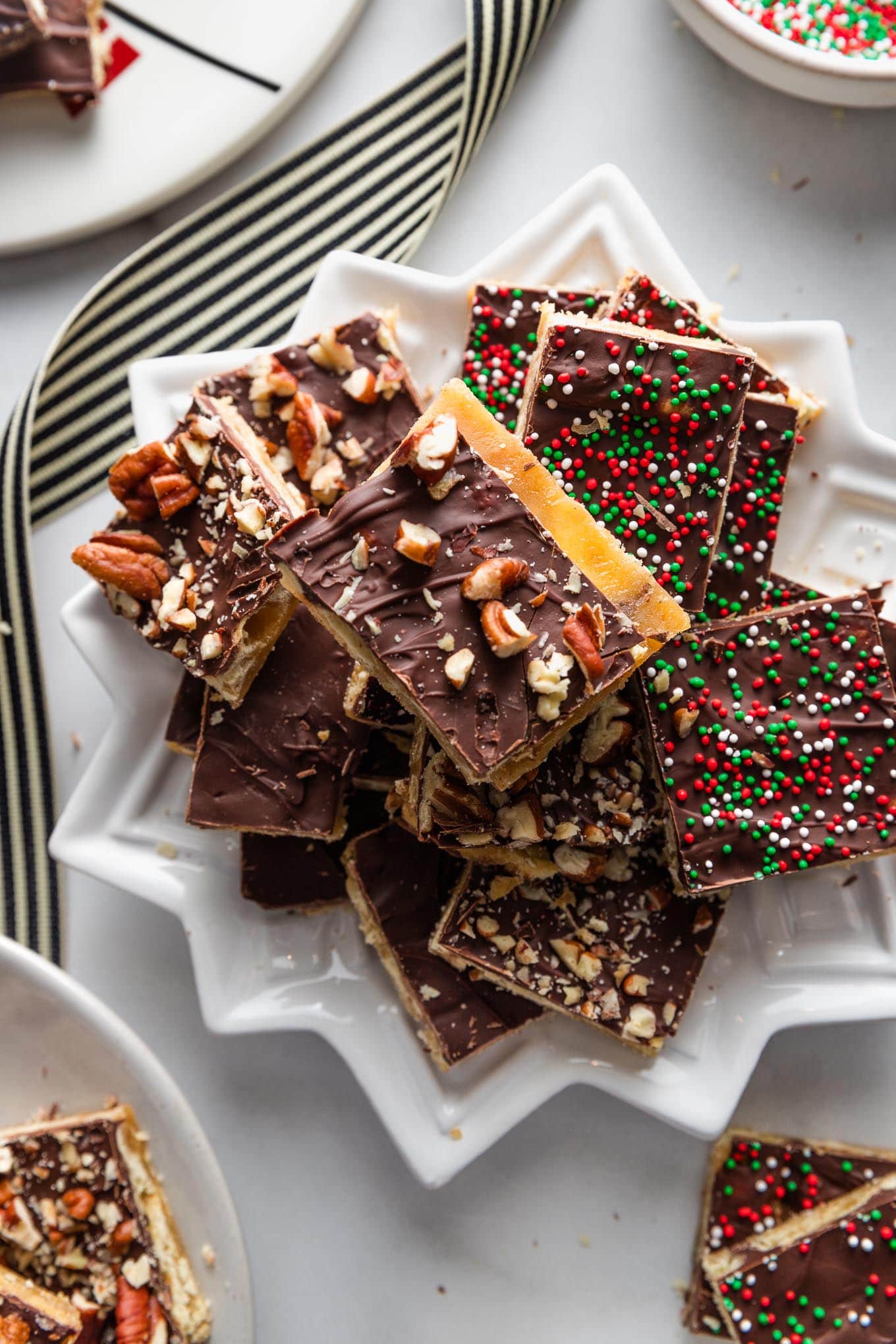 Close up of Christmas cracker candy on a plate.