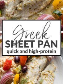 This Greek Tilapia sheet pan meal is super easy to toss together and offers a tasty mix of flaky fish and tender bell peppers, zucchini, and tomatoes, with crumbled feta, olives, and fresh herbs on top. Nutritious and satisfying, thanks to all these classic Mediterranean flavors!