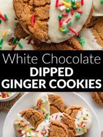 Easy to make, beautiful, festive, and delicious, these White Chocolate Dipped Ginger Cookies are a holiday tradition I adore. Add sprinkles or edible glitter for a simple yet fancy finishing touch!
