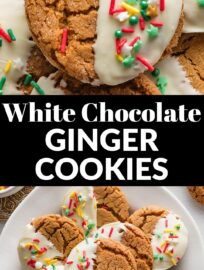 Easy to make, beautiful, festive, and delicious, these White Chocolate Dipped Ginger Cookies are a holiday tradition I adore. Add sprinkles or edible glitter for a simple yet fancy finishing touch!