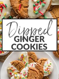 Easy to make, beautiful, festive, and delicious, these White Chocolate Dipped Ginger Cookies are a holiday tradition I adore. Add sprinkles or edible glitter for a simple yet fancy finishing touch!
