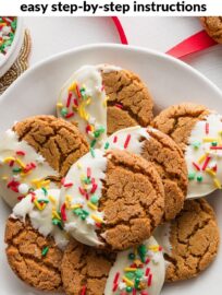 Easy to make, beautiful, festive, and delicious, these White Chocolate Dipped Ginger Cookies are a holiday tradition I adore. Add sprinkles or edible glitter for a simple yet fancy finishing touch!