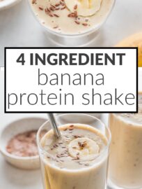 This Banana Protein Shake is satisfyingly creamy, easy to whip up, and tastes like a milkshake, but is made with just 4 simple ingredients and offers more than 20 grams of protein. It's also easy to make vegan and dairy-free. A post-workout must!