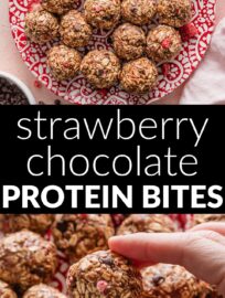 Quick, fun, and tasty, these Chocolate Strawberry Protein Bites are a great way to satisfy your sweet tooth while packing in a little extra nutrition. A simple mix of nut butter, oats, and protein powder forms the base, while a few mini chocolate chips and freeze-dried strawberries add the fun.