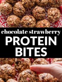 Quick, fun, and tasty, these Chocolate Strawberry Protein Bites are a great way to satisfy your sweet tooth while packing in a little extra nutrition. A simple mix of nut butter, oats, and protein powder forms the base, while a few mini chocolate chips and freeze-dried strawberries add the fun.