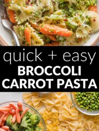 Super simple and yet delicious, this easy Broccoli Carrot Pasta is total comfort food mixed with the colorful veggies we all need. Lemon, garlic, and a hint of red pepper wake up the flavors for a dinner everyone can feel good about.