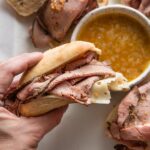 A small French dip sandwich made with deli roast beef and a quick homemade au jus.