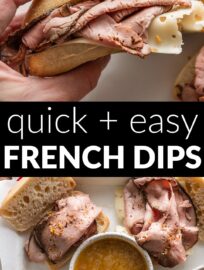 This super easy recipe for French Dips uses deli roast beef to get the classic sandwich and dipping sauce on the table in 25 minutes flat, and my family actually prefers the taste and texture!