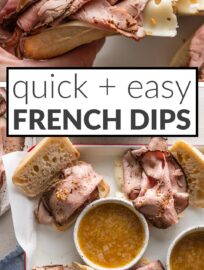 This super easy recipe for French Dips uses deli roast beef to get the classic sandwich and dipping sauce on the table in 25 minutes flat, and my family actually prefers the taste and texture!