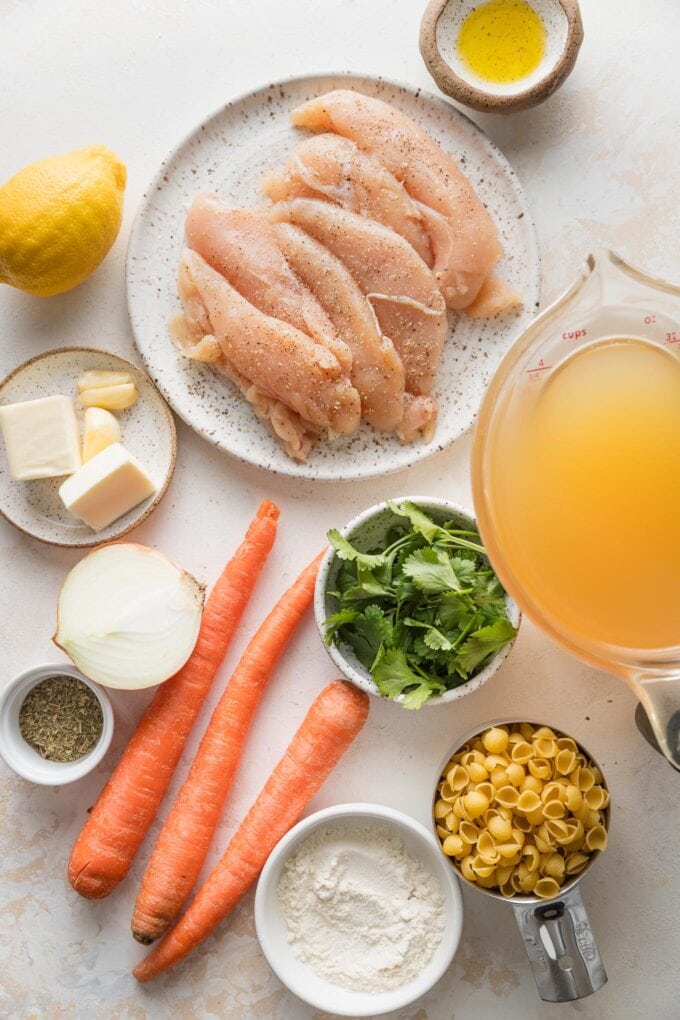 Overhead view of ingredients for a lemon chicken soup: chicken tenders, chicken broth, whole carrots, parsley, pasta, butter, garlic, olive oil, lemon, and Italian seasoning.